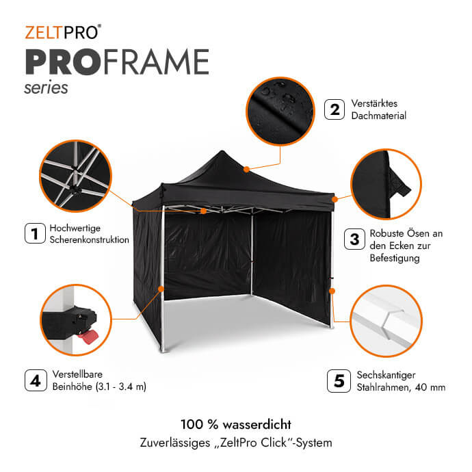 Faltpavillon 2x2 Schwarz Zeltpro PROFRAME 2