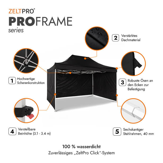 Faltpavillon 3x4,5 Schwarz Zeltpro PROFRAME 2
