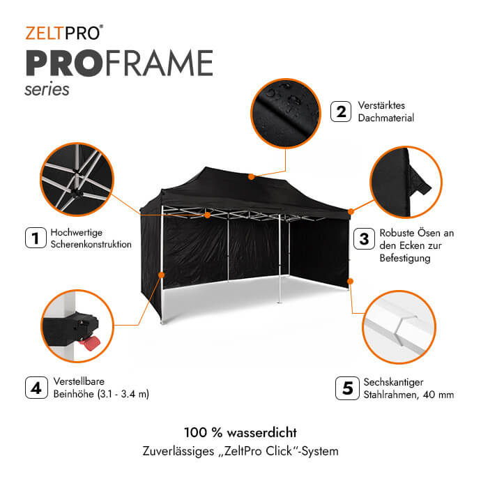 Faltpavillon 3x6 Schwarz Zeltpro PROFRAME 2
