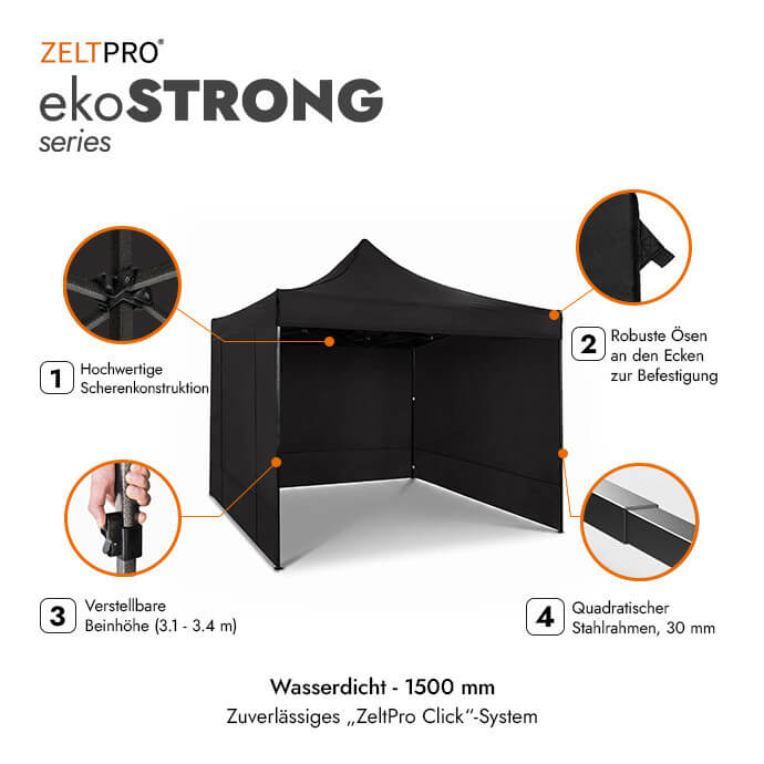 Faltpavillon 3x3 Schwarz Zeltpro EKOSTRONG 2