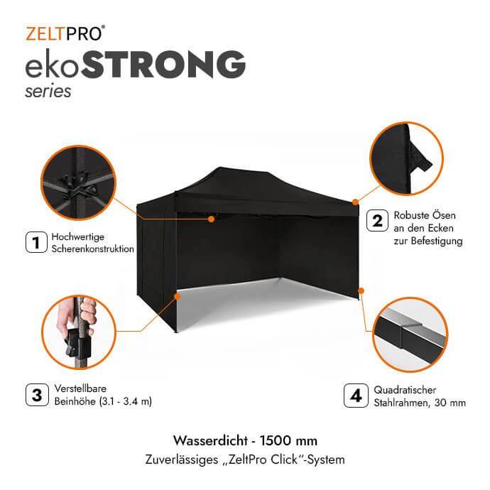 Faltpavillon 3x4,5 Schwarz Zeltpro EKOSTRONG 2