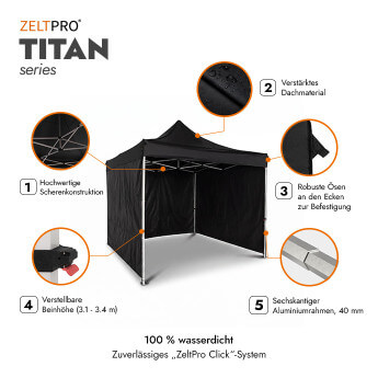 Faltpavillon 3x3 Schwarz Zeltpro TITAN 2