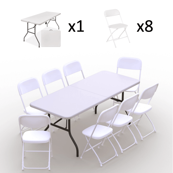 Klappmöbel-Set: Tisch 180 weiß, 8-Stühle Europa, weiß 2