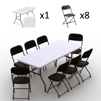 Klappmöbel-Set: Tisch 180 weiß, 8-Stühle Europa, schwarz 2