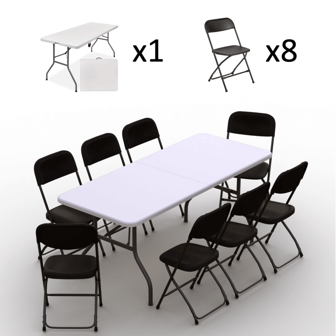 Klappmöbel-Set: Tisch 180 weiß, 8-Stühle Europa, schwarz 2