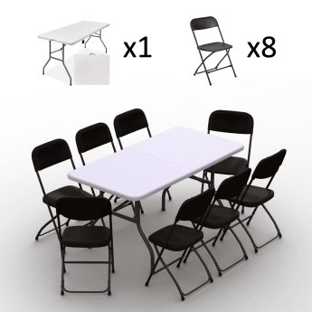 Klappmöbel-Set: Tisch 150 weiß, 8-Stühle Europa, schwarz 2
