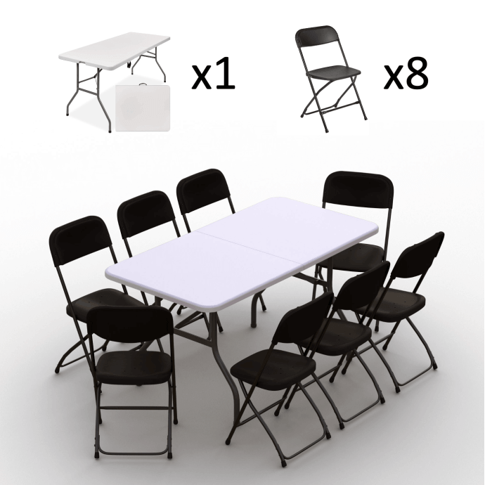 Klappmöbel-Set: Tisch 150 weiß, 8-Stühle Europa, schwarz 2