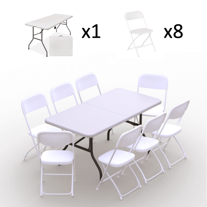 Klappmöbel-Set: Tisch 150 weiß, 8-Stühle Europa, weiß 2