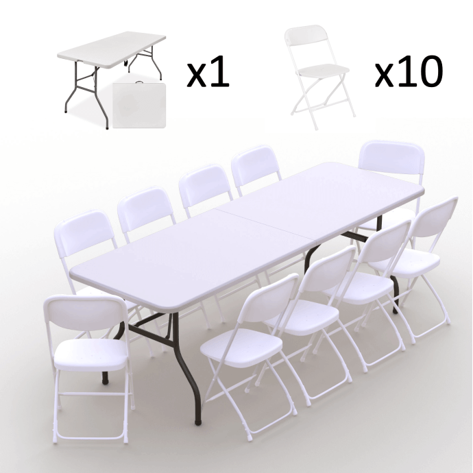 Klappmöbel-Set: Tisch 240 weiß, 10-Stühle Europa, weiß 2
