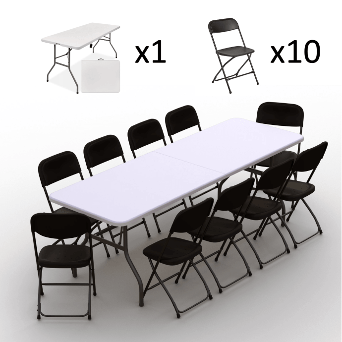 Klappmöbel-Set: Tisch 240 weiß, 10-Stühle Europa, schwarz 2