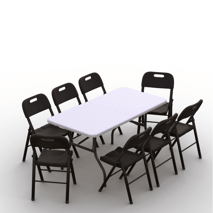Klappmöbel-Set: Tisch 150 weiß, 8-Stühle Premium, schwarz 1