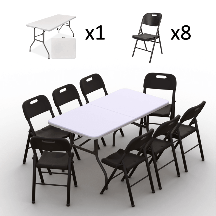 Klappmöbel-Set: Tisch 150 weiß, 8-Stühle Premium, schwarz 2