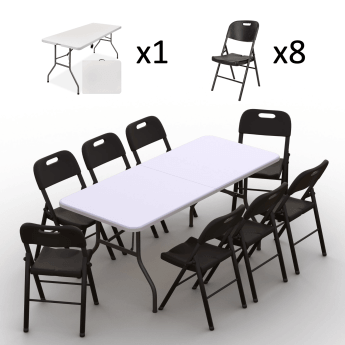 Klappmöbel-Set: Tisch 180 weiß, 8-Stühle Premium, schwarz 2