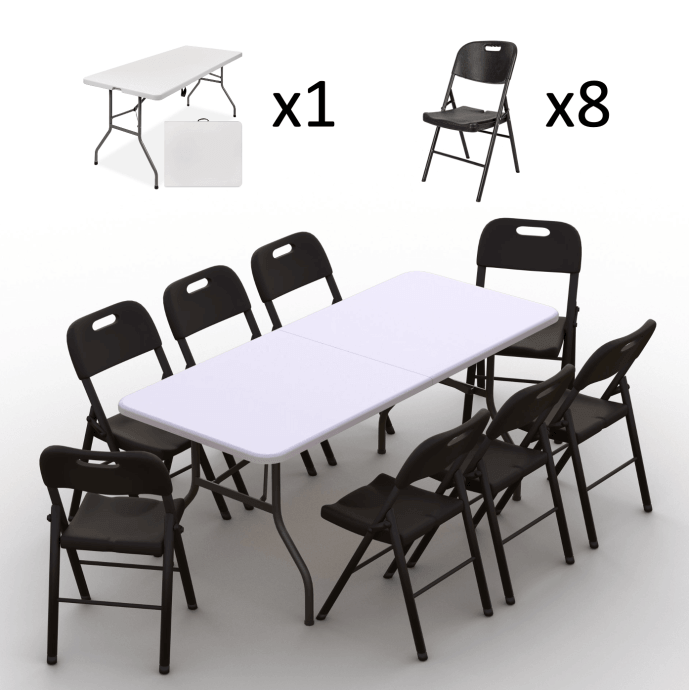 Klappmöbel-Set: Tisch 180 weiß, 8-Stühle Premium, schwarz 2