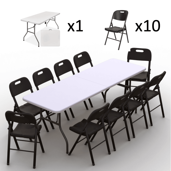 Klappmöbel-Set: Tisch 240 weiß, 10-Stühle Premium, schwarz 2