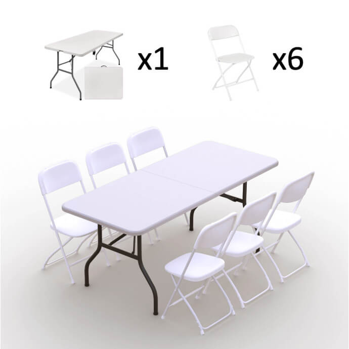 Klappmöbel-Set: Tisch 180 weiß, 6-Stühle Europa, weiß 2