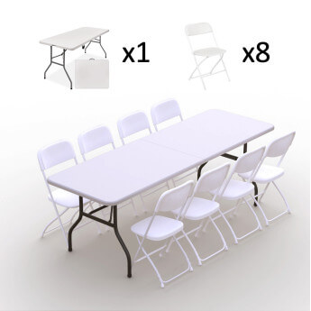 Klappmöbel-Set: Tisch 240 weiß, 8-Stühle Europa, weiß 2