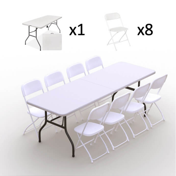 Klappmöbel-Set: Tisch 240 weiß, 8-Stühle Europa, weiß 2