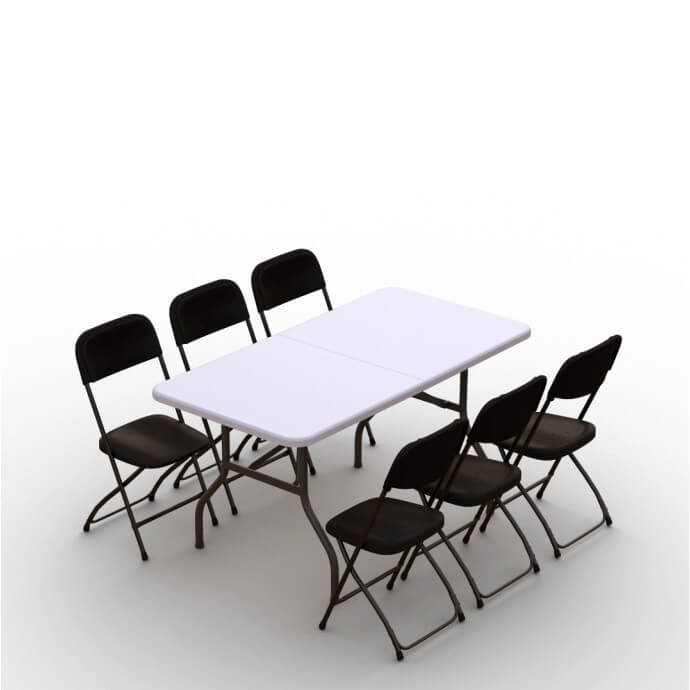 Klappmöbel-Set: Tisch 150 weiß, 6-Stühle Europa, schwarz 1