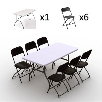 Klappmöbel-Set: Tisch 150 weiß, 6-Stühle Europa, schwarz 2