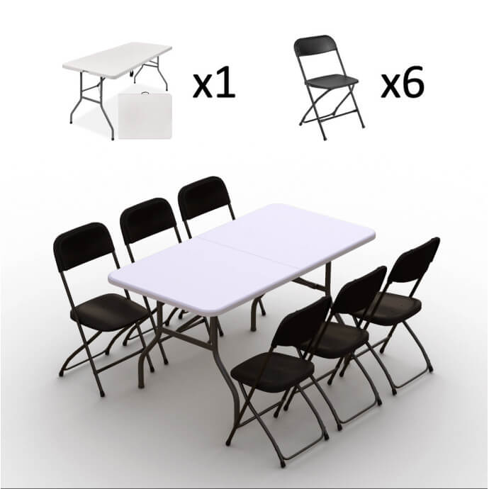 Klappmöbel-Set: Tisch 150 weiß, 6-Stühle Europa, schwarz 2