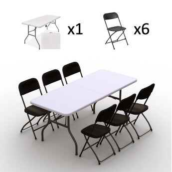 Klappmöbel-Set: Tisch 180 weiß, 6-Stühle Europa, schwarz 2