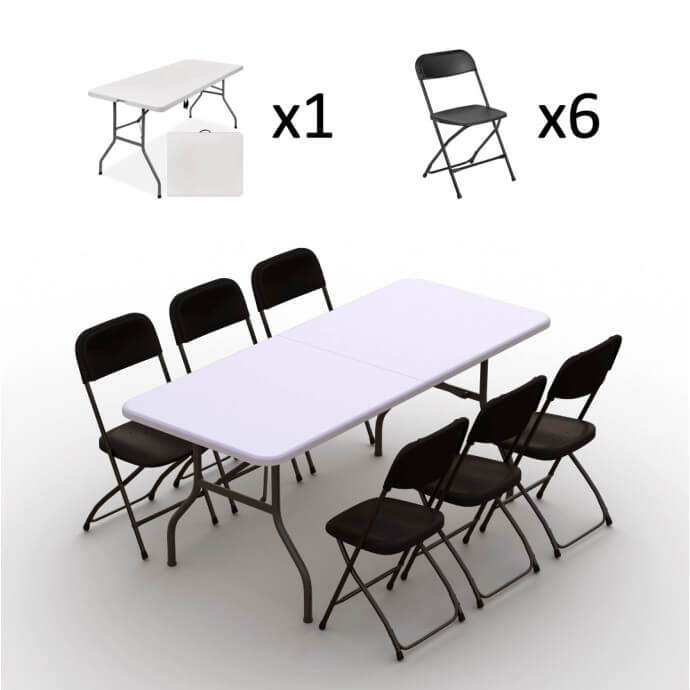 Klappmöbel-Set: Tisch 180 weiß, 6-Stühle Europa, schwarz 2