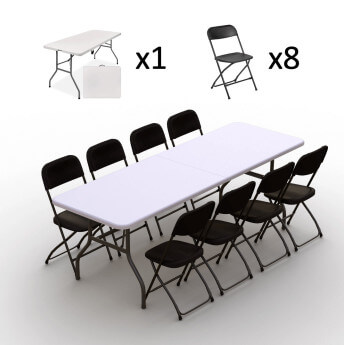Klappmöbel-Set: Tisch 240 weiß, 8-Stühle Europa, schwarz 2