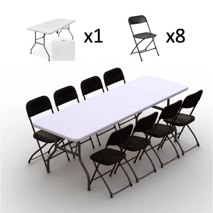 Klappmöbel-Set: Tisch 240 weiß, 8-Stühle Europa, schwarz 2