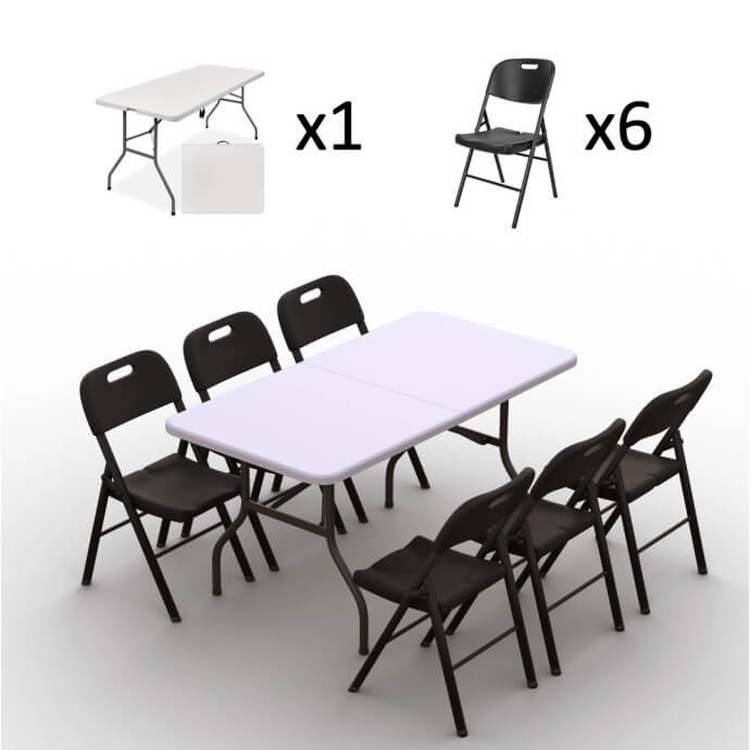 Klappmöbel-Set: Tisch 150 weiß, 6-Stühle Premium, schwarz 2