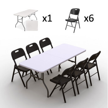 Klappmöbel-Set: Tisch 180 weiß, 6-Stühle Premium, schwarz 2