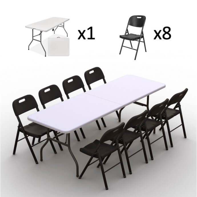 Klappmöbel-Set: Tisch 240 weiß, 8-Stühle Premium, schwarz 2